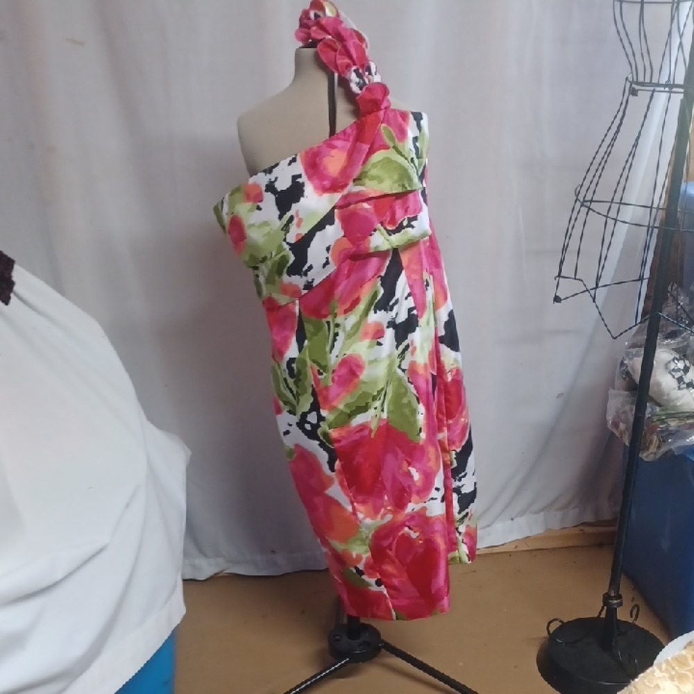 London Times One-Shoulder Dress in Pink and Green Floral